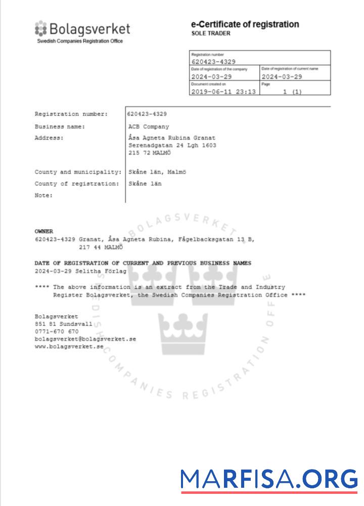 Printable Sweden certificate of registration Word and PDF template